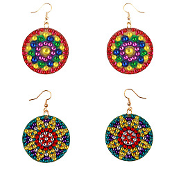 Mixed Color DIY Flower Pattern Dangle Earring Making Diamond Painting Kits, Flat Round, Mixed Color, Pendant: 40mm, 4pcs/bag