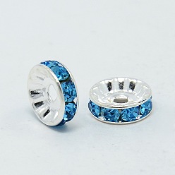 Aquamarine Brass Grade A Rhinestone Spacer Beads, Silver Color Plated, Nickel Free, Aquamarine, 10x4mm, Hole: 2mm