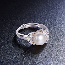 Белый Кольцо на палец Shegrace с родиевым покрытием 925 стерлингового серебра, микропавеетный узелок из циркония с пресноводным жемчугом, платина, белые, 18 мм