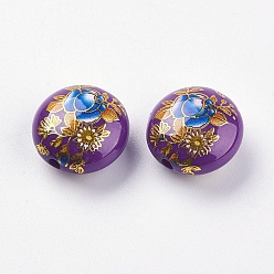 Indigo Flower Printed Resin Beads, Flat Round, Indigo, 16.5x9mm, Hole: 2mm