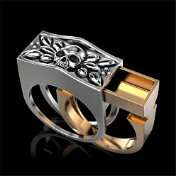 Antique Silver & Golden 2Pcs 2 Style Rectangle with Skull Couples Matching Finger Rings, Alloy Gothic Trendy Promise Jewelry for Best Friend Lovers, Antique Silver & Golden, US Size 8(18.1mm)