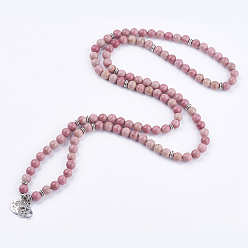 Rhodochrosite Natural Rhodochrosite Wrap Bracelets, with Alloy Finding, Om Symbol and Tree of Life, 36.22 inch~39.37 inch(92~100cm)