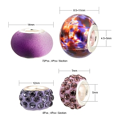 Purple 80Pcs 20 Style Rondelle European Beads Set for DIY Jewelry Making Finding Kit, Including Acrylic & Glass & Lampwork & Resin & Porcelain & Polymer Clay Rhinestone European Beads, Purple, 11~14x7~10mm, Hole: 5mm, 4pcs/style