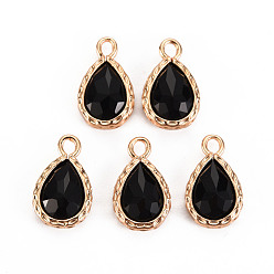Black Glass Pendants, with Brass Findings, Faceted, Teardrop, Light Gold, Black, 15x9x4.5mm, Hole: 1.8~2mm