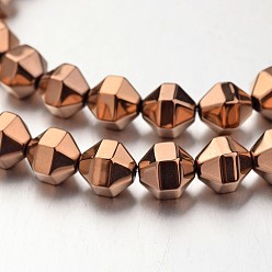Copper Plated Electroplate Non-magnetic Synthetic Hematite Bead Strands, Polygon, Copper Plated, 8x8mm, Hole: 1mm, about 51pcs/strand, 15.7 inch