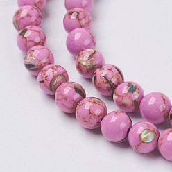 Flamingo Sea Shell and Synthetic Turquoise Assembled Beads Strands, Round, Flamingo, 6mm, Hole: 1.2mm, about 65pcs/strand, 15.7 inch(40cm)