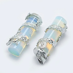 Opalite Opalite Pendants, with Brass Findings, Column with Dragon, Platinum, 40.5~41.5x14x15mm, Hole: 3.5x5mm