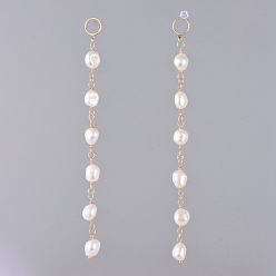 White Natural Cultured Freshwater Pearl Dangle Earrings, with Brass Stud Earring Findings, Plastic/Brass Ear Nuts and Cardboard Packing Box, White, 140mm, Pin: 0.7mm