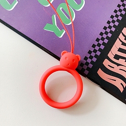 Red Ring with Bear Shapes Silicone Mobile Phone Finger Rings, Finger Ring Short Hanging Lanyards, Red, 9.5~10cm, Ring: 40x30x9mm