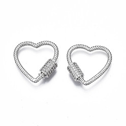 Platinum Brass Micro Pave Clear Cubic Zirconia Screw Carabiner Lock Charms, for Keychain Making, Heart, Platinum, 24x23~24x6mm, Column: 8x6mm