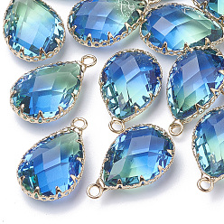 Deep Sky Blue K9 Glass Imitation Tourmaline Pendants, with Golden Tone Brass Findings, Faceted, Teardrop, Deep Sky Blue, 23x13.5~14x8mm, Hole: 2mm