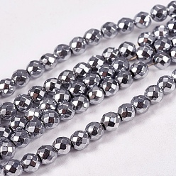 Platinum Plated Electroplate Non-magnetic Synthetic Hematite Beads Strands, Faceted, Round, Grade AAAA, Platinum Plated, 4mm, Hole: 1mm, about 100pcs/strand, 16 inch