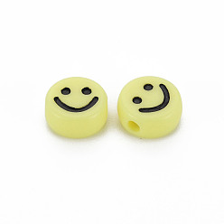 Yellow Opaque Acrylic Beads, with Enamel, Flat Round with Smile Face, Yellow, 10x5mm, Hole: 2mm, about 1450pcs/500g