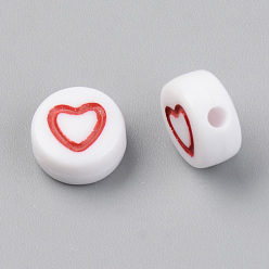 Mixed Color Opaque Acrylic Beads, with Enamel, Flat Round with Heart, Mixed Color, 7.5x3.5mm, Hole: 1.5mm, 3650pcs/500g