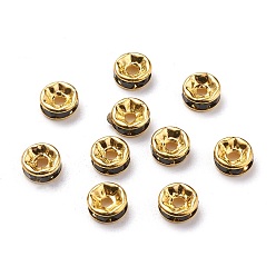 Jet Brass Grade A Rhinestone Spacer Beads, Golden Plated, Rondelle, Nickel Free, Jet, 6x3mm, Hole: 1mm