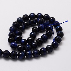 Blue Natural Tiger Eye Round Beads Strands, Dyed & Heated, Blue, 8mm, Hole: 1mm, about 48pcs/strand, 15.7 inch