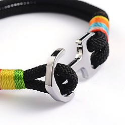 Black Waxed Cord Multi-strand Bracelets, with Anchor Alloy Clasps, Platinum, Black, 210x8x3.5mm