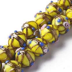 Yellow Handmade Gold Sand Lampwork Beads Strands, Round with Flower, Yellow, 13~15x11~13mm, Hole: 1.6mm, about 45pcs/strand, 20.47 inch~21.06 inch(52cm~53.5cm)