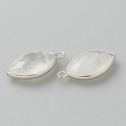 Cristal de Quartz Pendeloques de cristal de quartz naturel, pendentifs en cristal de roche, avec bord en laiton platine, facette, oeil de cheval, 22x12x5.5mm, Trou: 1.8mm