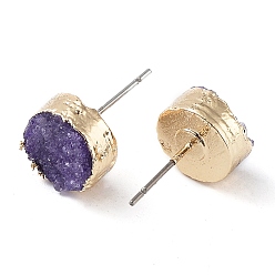 Purple Natural Druzy Agate Stud Earrings, with Golden Plated Brass Findings, Flat Round, Purple, 7~8x5~8mm, Pin: 0.8mm