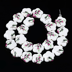Camellia Handmade Porcelain Ceramic Beads Strands, Flower Printed, Flower, Camellia, 14x15x6mm, Hole: 1.8mm, about 23pcs/strand, 12.4 inches(31.5cm)