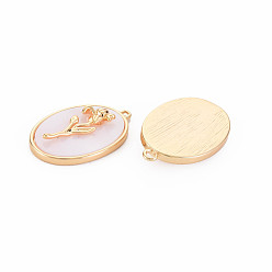 February Iris Brass Birth Floral Pendants, Oval with Flower Mother of Pearl White Shell Charms, Nickel Free, Real 18K Gold Plated, February Iris, 27x18x4mm, Hole: 1.8mm