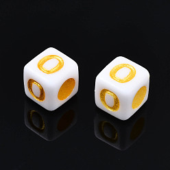 Letter Golden Plating Acrylic Beads, Metal Enlaced, Cube, White, Random Mixed Letters, 6x6x6mm, Hole: 3mm, about 2995pcs/500g