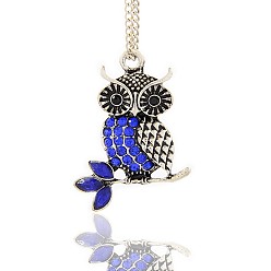 Sapphire Antique Silver Tone Alloy Rhinestone Bird Pendants, Owl Necklace Pendants for Halloween, Sapphire, 34x26x3mm, Hole: 3mm