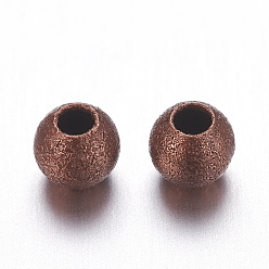 Red Copper Brass Textured Beads, Nickel Free, Round, Red Copper Color, Size: about 4mm in diameter, hole: 1mm