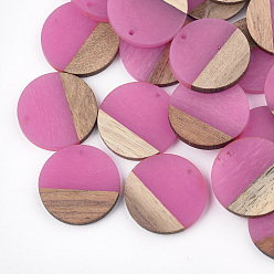 Hot Pink Resin & Walnut Wood Pendants, Flat Round, Hot Pink, 28.5x3.5~4mm, Hole: 1.5mm