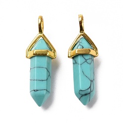 Synthetic Turquoise Synthetic Turquoise Pendants, Faceted, with Golden Tone Brass Findings, Lead free & Cadmium Free, Bullet, 27~30x9~10x7~8mm, Hole: 4x3mm