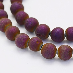 Purple Plated Electroplate Natural Druzy Agate Beads Strands, Round, Frosted, Purple Plated, 14mm, Hole: 1mm, about 28pcs/strand, 15.7 inch(40cm)