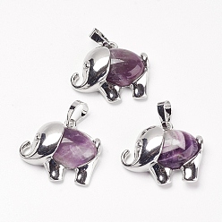Amethyst Natural Amethyst Pendants, with Brass Findings, Elephant, Platinum, 22.5x27x8mm, Hole: 5x8mm