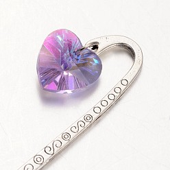 Medium Purple Antique Silver Alloy Glass Bookmarks, Heart, Medium Purple, 85mm