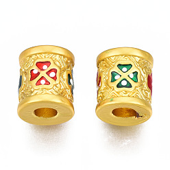 Red Rack Plating Alloy Enamel Beads, Cadmium Free & Lead Free, Matte Gold Color, Column, Red, 9.5x9mm, Hole: 3mm