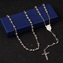 Stainless Steel Color 201 Stainless Steel Rosary Bead Necklaces, with Crucifix Cross Pendant, For Easter, Stainless Steel Color, 27.6 inch(70cm)