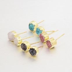 Mixed Color Natural Druzy Agate Stud Earrings, with Golden Plated Brass Findings, Flat Round, Mixed Color, 7~8x5~8mm, Pin: 0.8mm