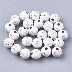 White Plating Acrylic Beads, Silver Metal Enlaced, Round with Cross, White, 8mm, Hole: 2mm, about 1800pcs/500g