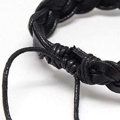 Black Trendy Unisex Casual Style Braided Waxed Cord and Leather Bracelets, Black, 58mm