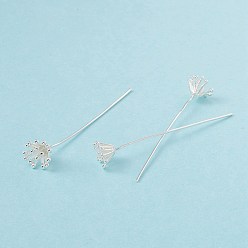 Silver Brass Flower Head Pins, Vintage Decorative for Hair DIY Accessory, Silver, 51mm, Pin: 21 Gauge(0.7mm)
