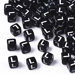 Letter L Opaque Acrylic Beads, Horizontal Hole, Alphabet Style, Cube, Black & White, Letter.L, 5x5x5mm, Hole: 2mm, about 5000pcs/500g