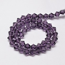 Purple Imitate Austrian Crystal Bicone Glass Beads Strands, Grade AA, Faceted, Purple, 3x3.5mm, Hole: 0.8mm, about 120~125pcs/strand, 14.8 inch