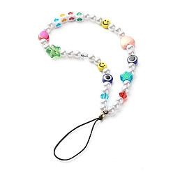 Colorful ABS Plastic Imitation Pearl and Imitate Austrian Crystal Bicone Glass Beads Mobile Straps, with Resin Beads, Acrylic Beads, Handmade Polymer Clay Beads, Nylon Thread and ABS Plastic Beads, Heart & Star & Smiling Face, Colorful, 19cm