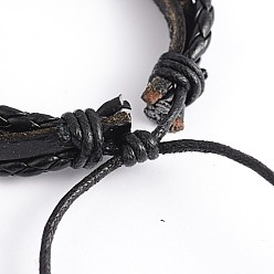 Black Adjustable Leather Multi-Strand Bracelets, with Waxed Cord, Black, 57mm