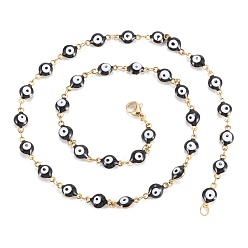 Black 304 Stainless Steel Jewelry Sets, Link Bracelets & Necklaces, with Enamel, Evil Eye, Black, 17-3/4 inch(45cm), 7-7/8 inch(20cm)