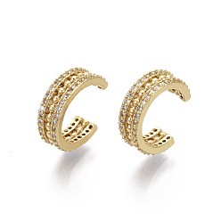 Real 18K Gold Plated Brass Micro Pave Clear Cubic Zirconia Cuff Earrings, Ring, Real 18K Gold Plated, Nickel Free, 4.5x10mm