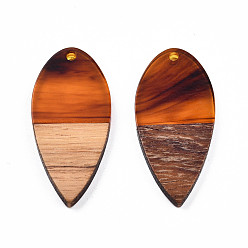 Chocolate Transparent Resin & Walnut Wood Pendants, Teardrop Shape Charm, Chocolate, 38x18x3mm, Hole: 2mm