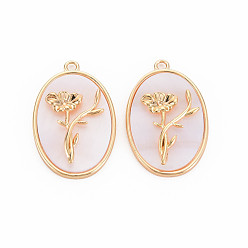 August Poppy Brass Birth Floral Pendants, Oval with Flower Mother of Pearl White Shell Charms, Nickel Free, Real 18K Gold Plated, August Poppy, 27x18x4mm, Hole: 1.8mm
