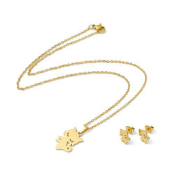 Золотой 304 комплект украшений из нержавеющей стали для женщин, подвесные ожерелья и серьги, кошка, золотые, 17.52 дюйм (44.5 см), 9.5x8 мм, штифты : 0.6 мм