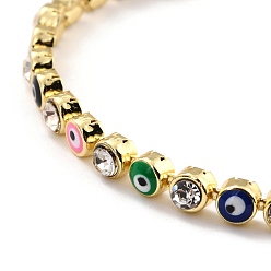 Colorful Flat Round with Evil Eye Link Chain Bracelet, Clear Cubic Zirconia Tennis Bracelet, Brass Jewelry for Women, Golden, Colorful, 7-1/8 inch(18.2cm)